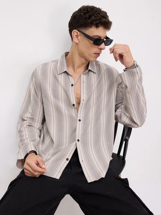 Soft Taupe Beige Striped Cuffless Oversized Shirt