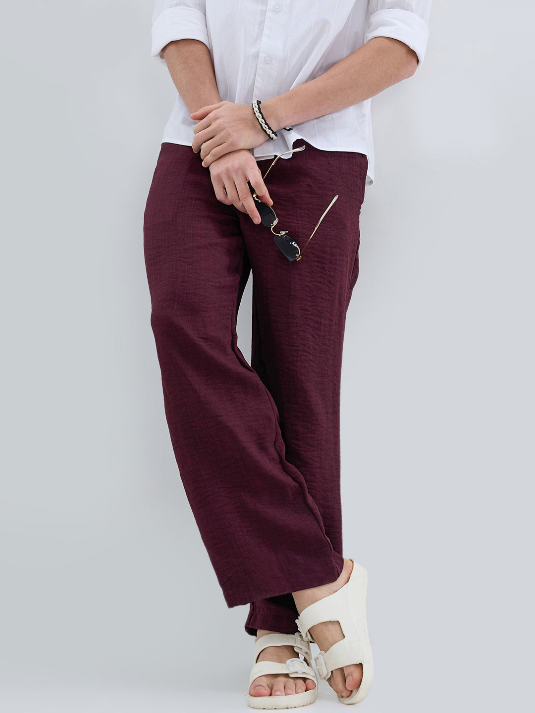 Maroon Slub Textured Wide-Leg Trousers