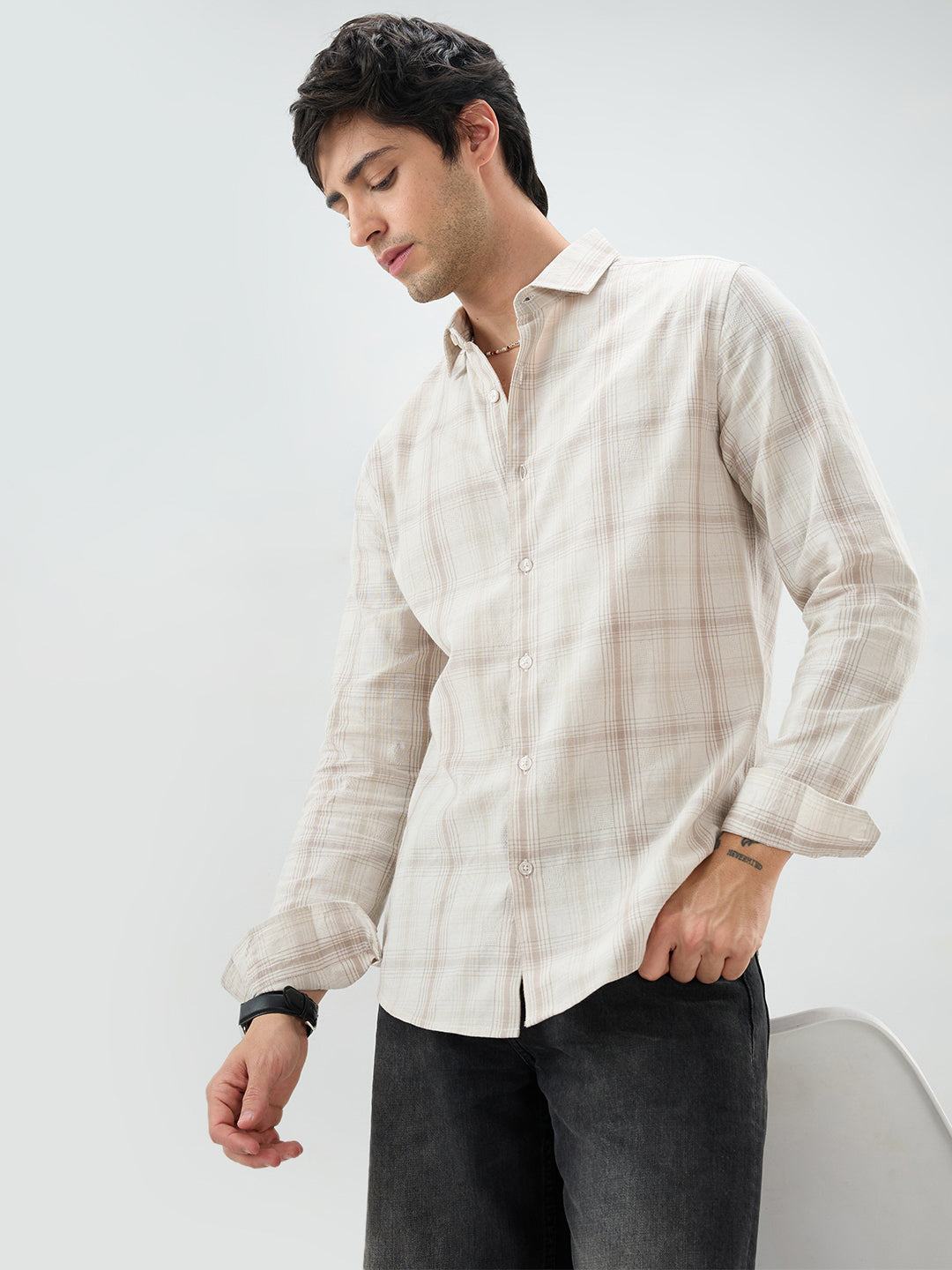 Timeless Sand Beige Plaid Checks Textured Shirt