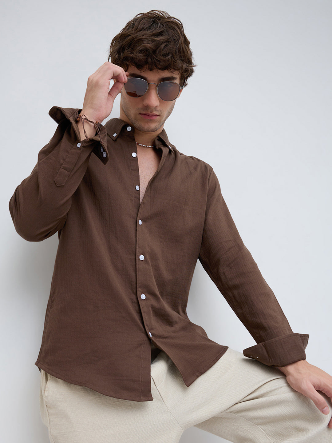Coffee Brown Herringbone Textured Button-Down Shirt