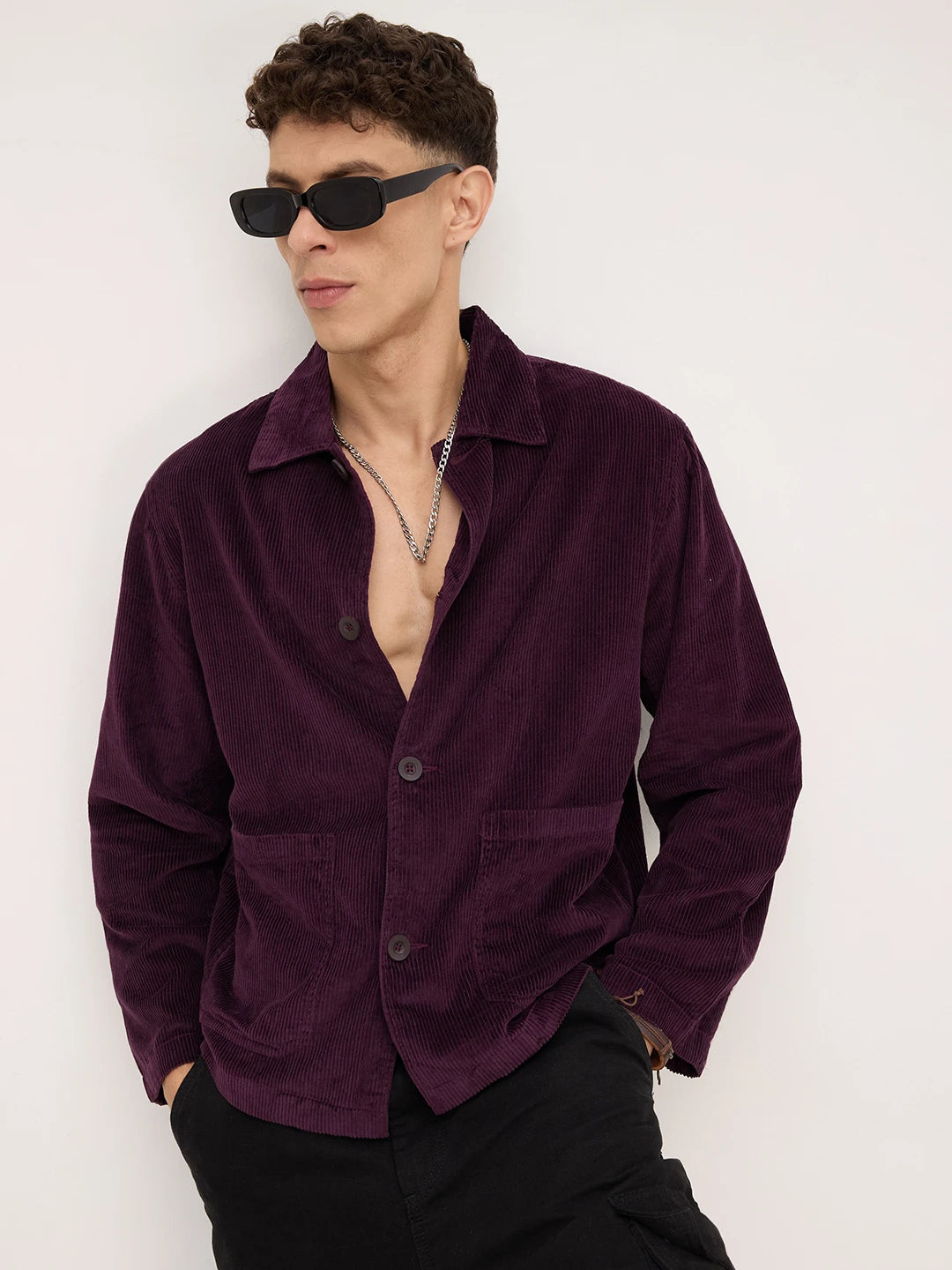Exquisite Wine Corduroy Double Pocket Oversized Shacket