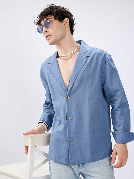 Steel Blue Linen Blend Lapel Collar Oversized Shirt