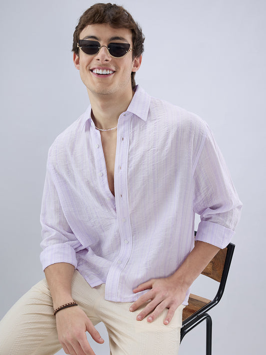 Elegant Lavender Airstripe Crinkled Boxy Fit Crop Shirt