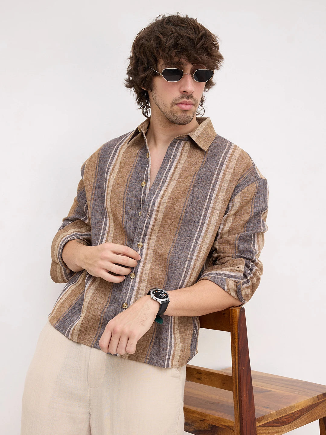 Earthy Brown & Navy Textured Striped Boxy Fit Crop Shirt
