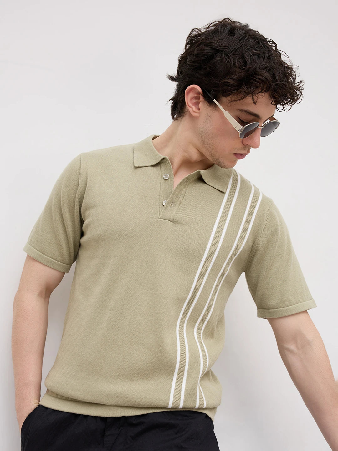 Sage Green Panel Striped Flat Knit Polo T-Shirt