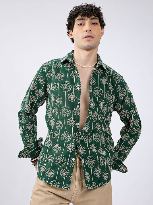 Green Baroqued Floral Loom Contrast Embroidery Shirt