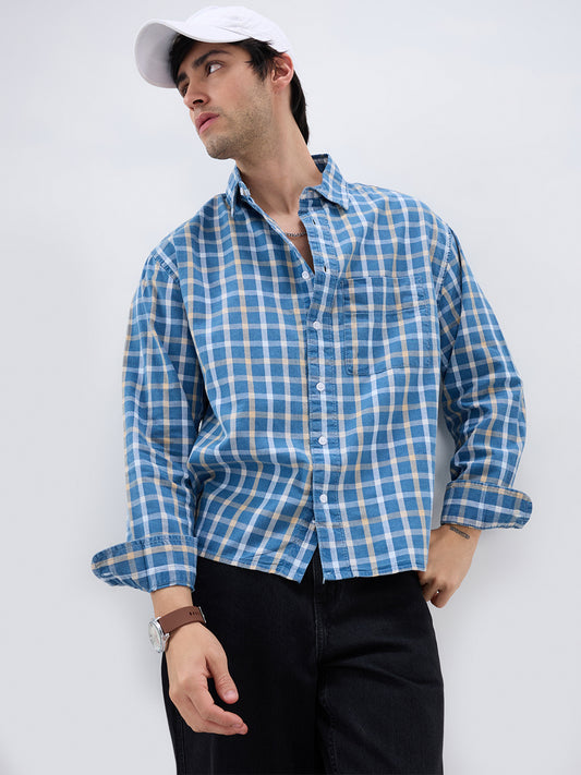 Denim Blue & Beige Comfort Checks Boxy Fit Crop Shirt