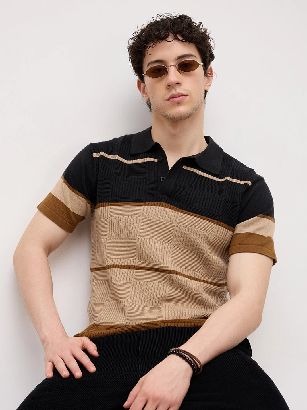 Sandstone Geometric Textured Knit Polo T-Shirt