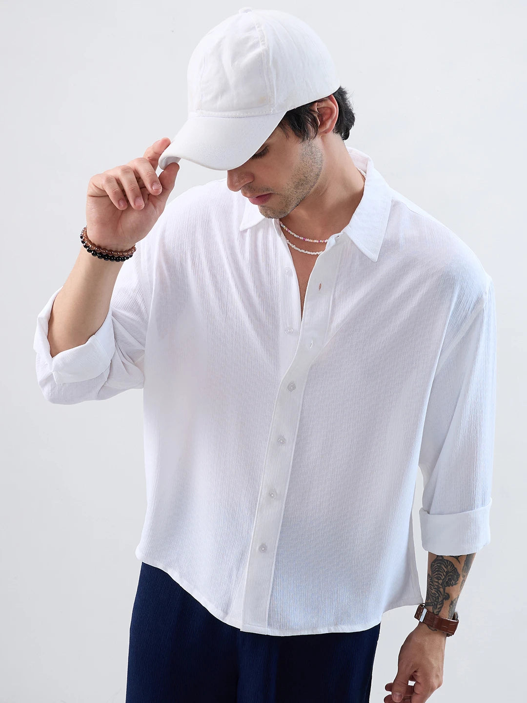 Refined Pure White Textured Boxy Fit Crop Shirt