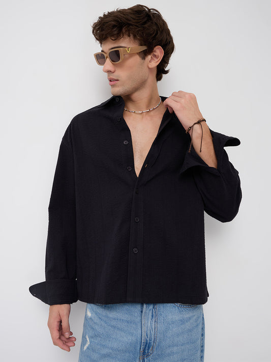 Black Seersucker Striped Boxy Fit Crop Shirt