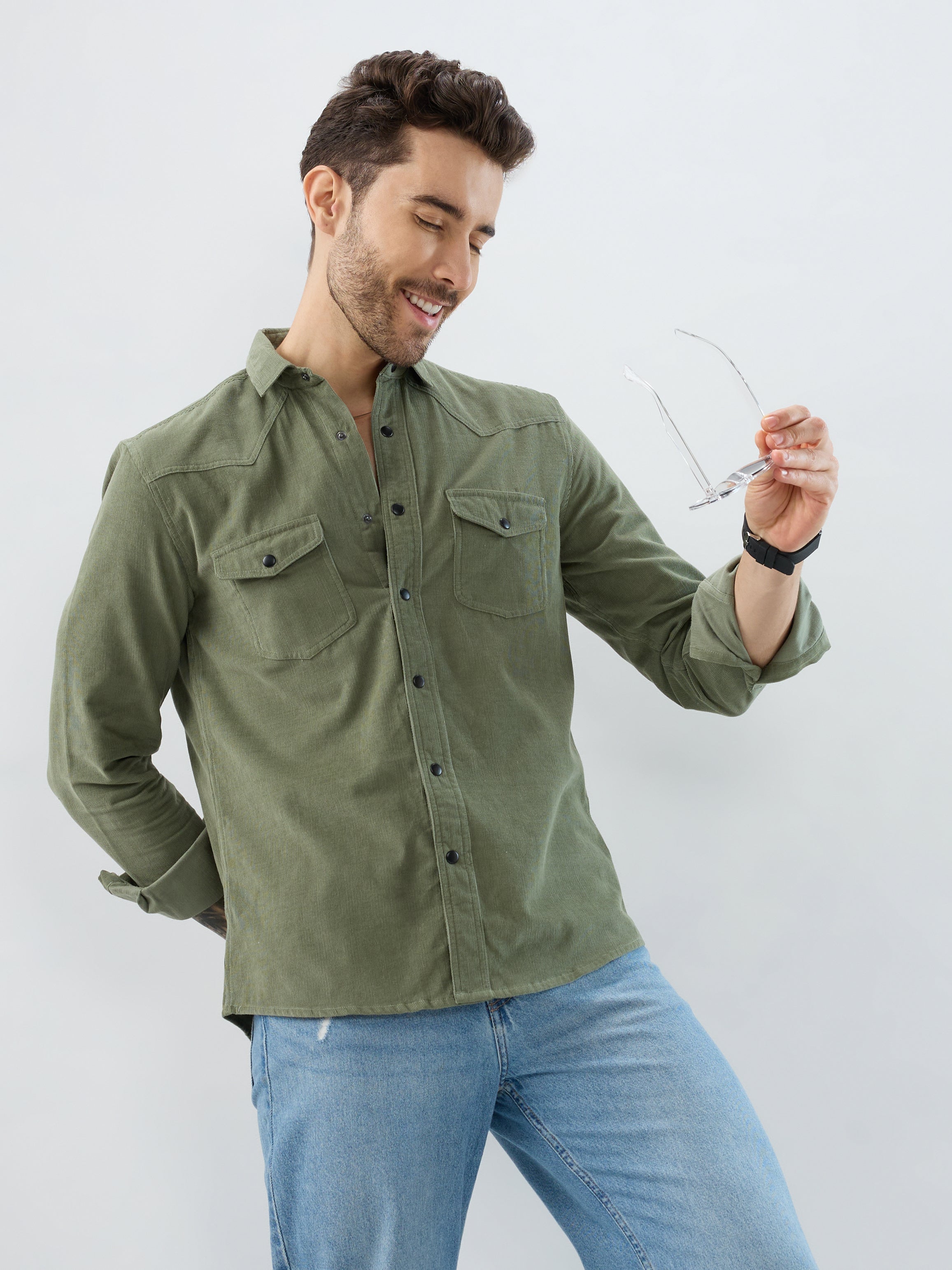 Regal Olive Double Pocket Corduroy Overshirt