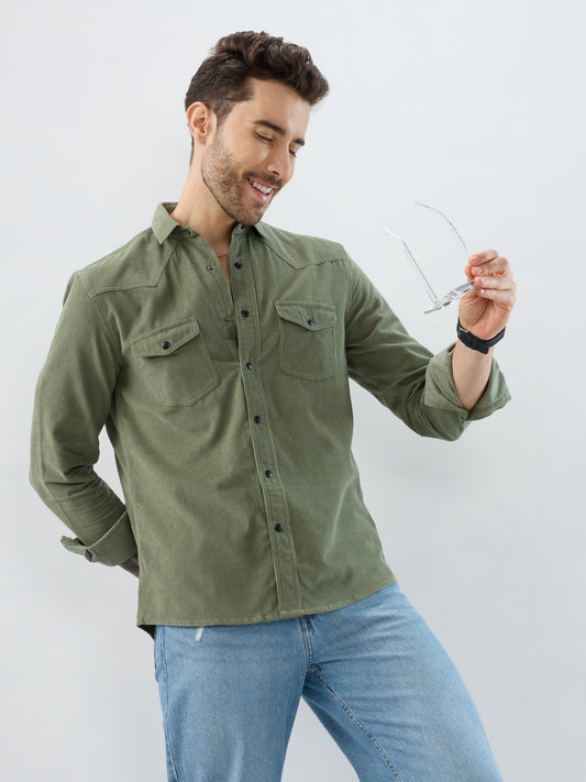 Regal Olive Double Pocket Corduroy Overshirt