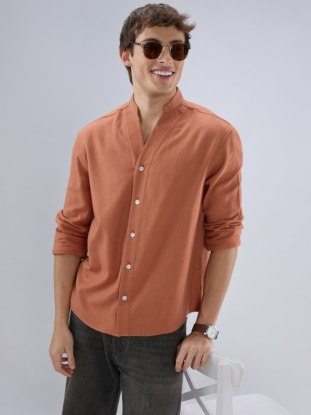 Soft Cider Orange Diagonal Textured Stand Collar Oversized Shirt