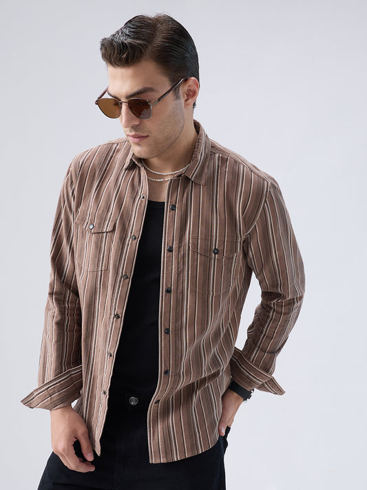 Rustic Bark Brown Multi-Stripe Twin Pocket Corduroy Shirt
