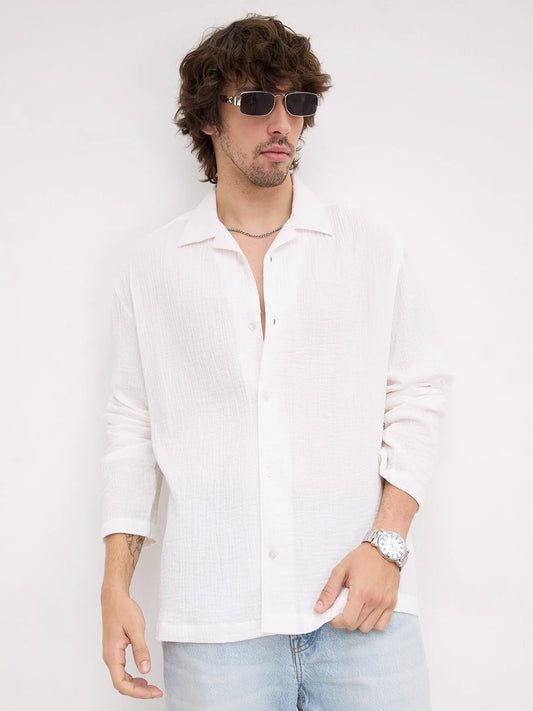 Snow White Double Cloth Notch Collar Oversized Shirt