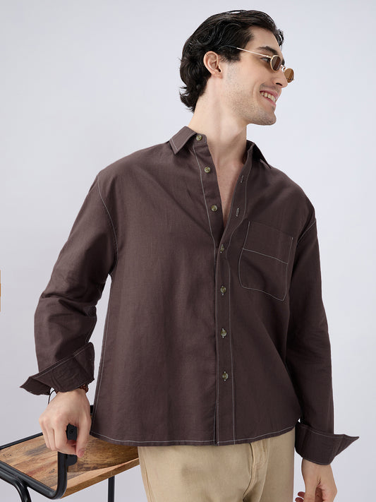 Elegant Brown Linen Contrast Stitch Boxy Fit Crop Shirt