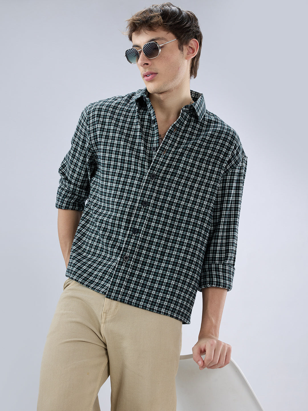 Multi Shepherd’s Check Boxy Fit Crop Flannel Shirt