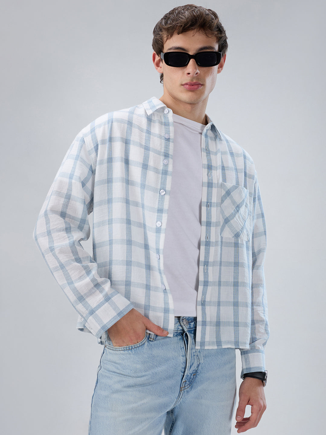 Blue & White Tartan Checkered Boxy Fit Crop Shirt