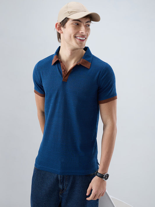 Dark Slate Blue Grid Contrast Polo Neck Knit T-shirt