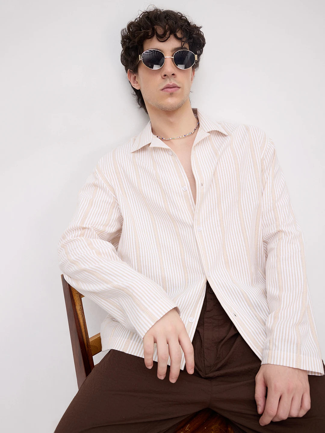Luxe Beige Candy Striped Notch Collar Oversized Shirt