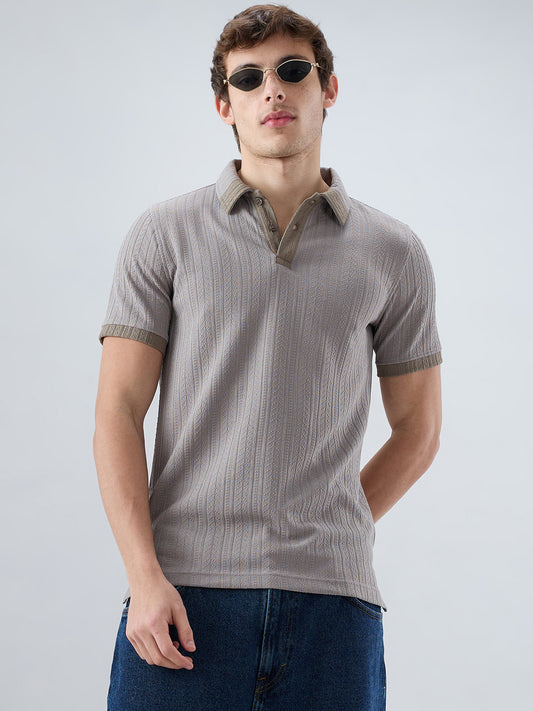 Ash Grey Ribbed Polo Neck Knit T-shirt