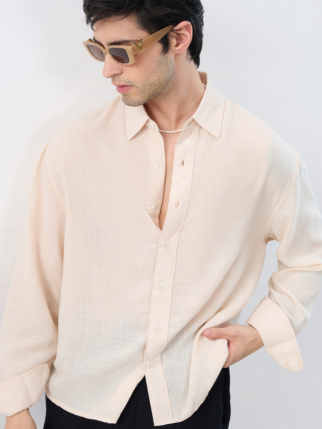 Pearl Cream Soft Sheer Slub Textured Shirt