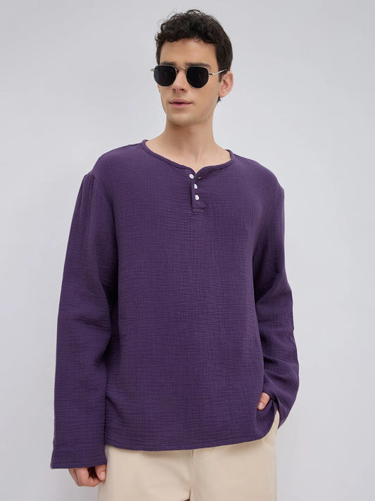 Aubergine Purple Double Cloth Henley Neck Oversized Shirt