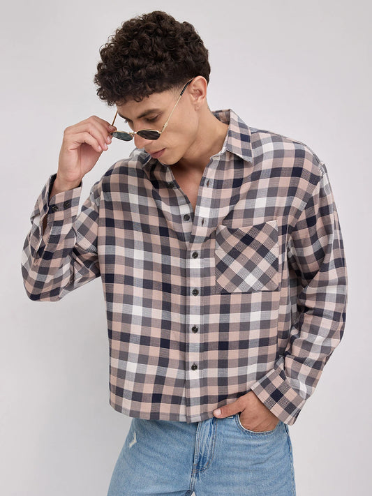 Vintage Multicolor Block Checks Boxy Fit Crop Shirt