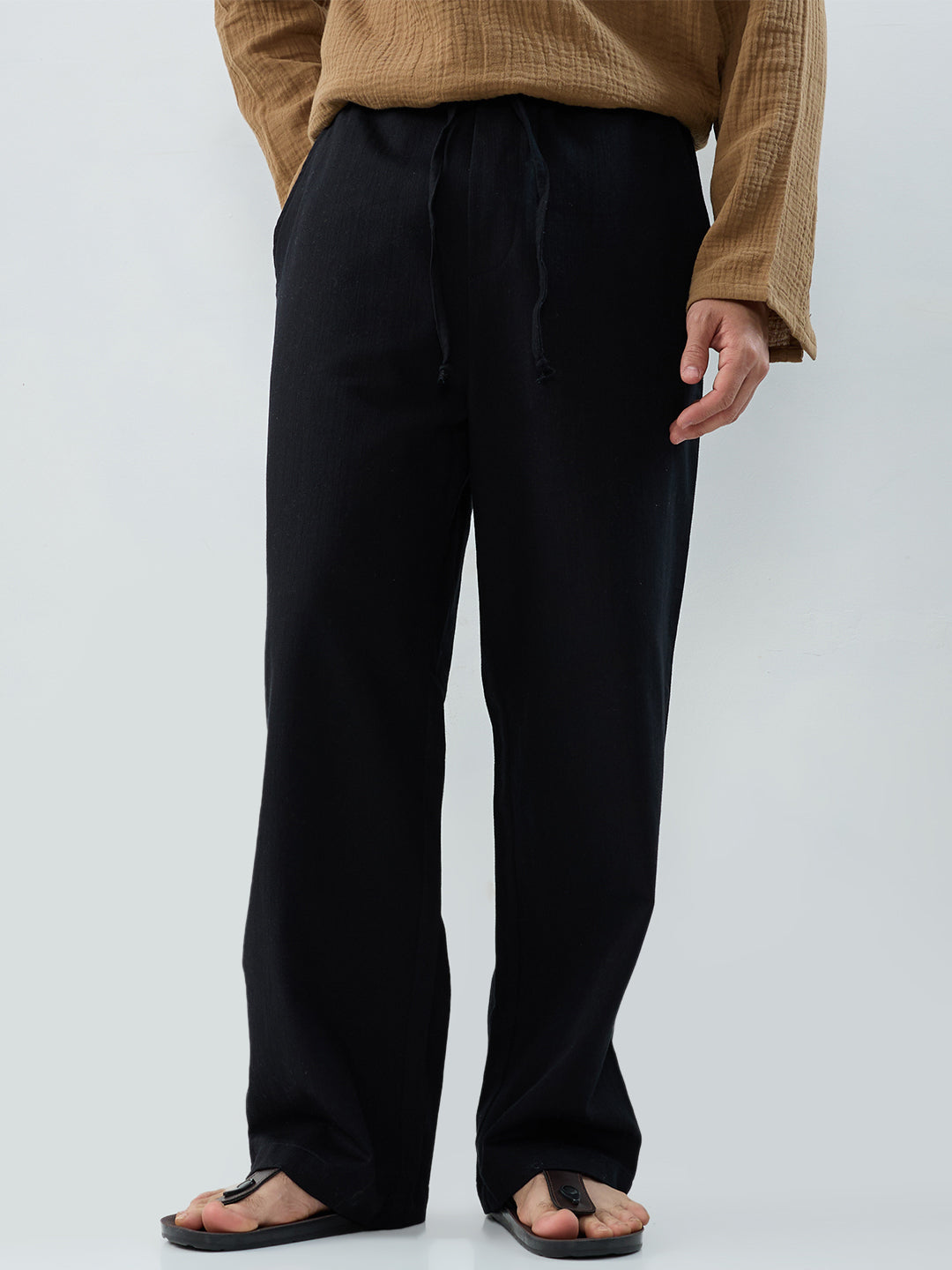Solid Black Straight-Fit Trousers