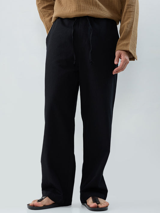 Solid Black Straight-Fit Trousers