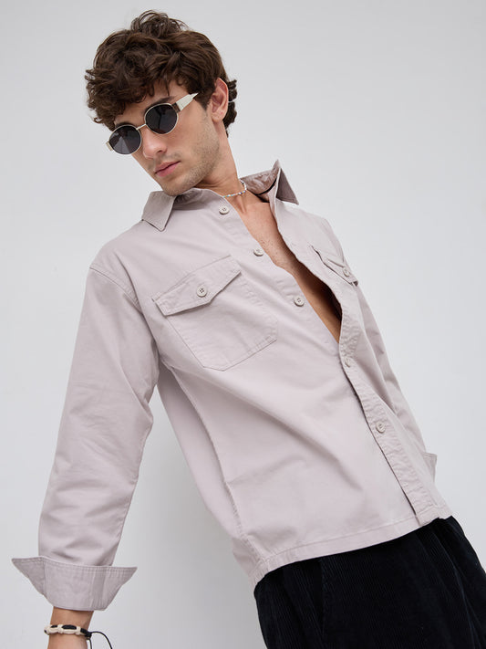 Solid Bone Grey Double Pocket Overshirt