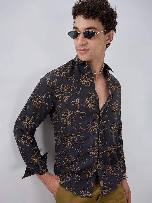 Grey Slub Textured Floral Contrast Embroidered Shirt