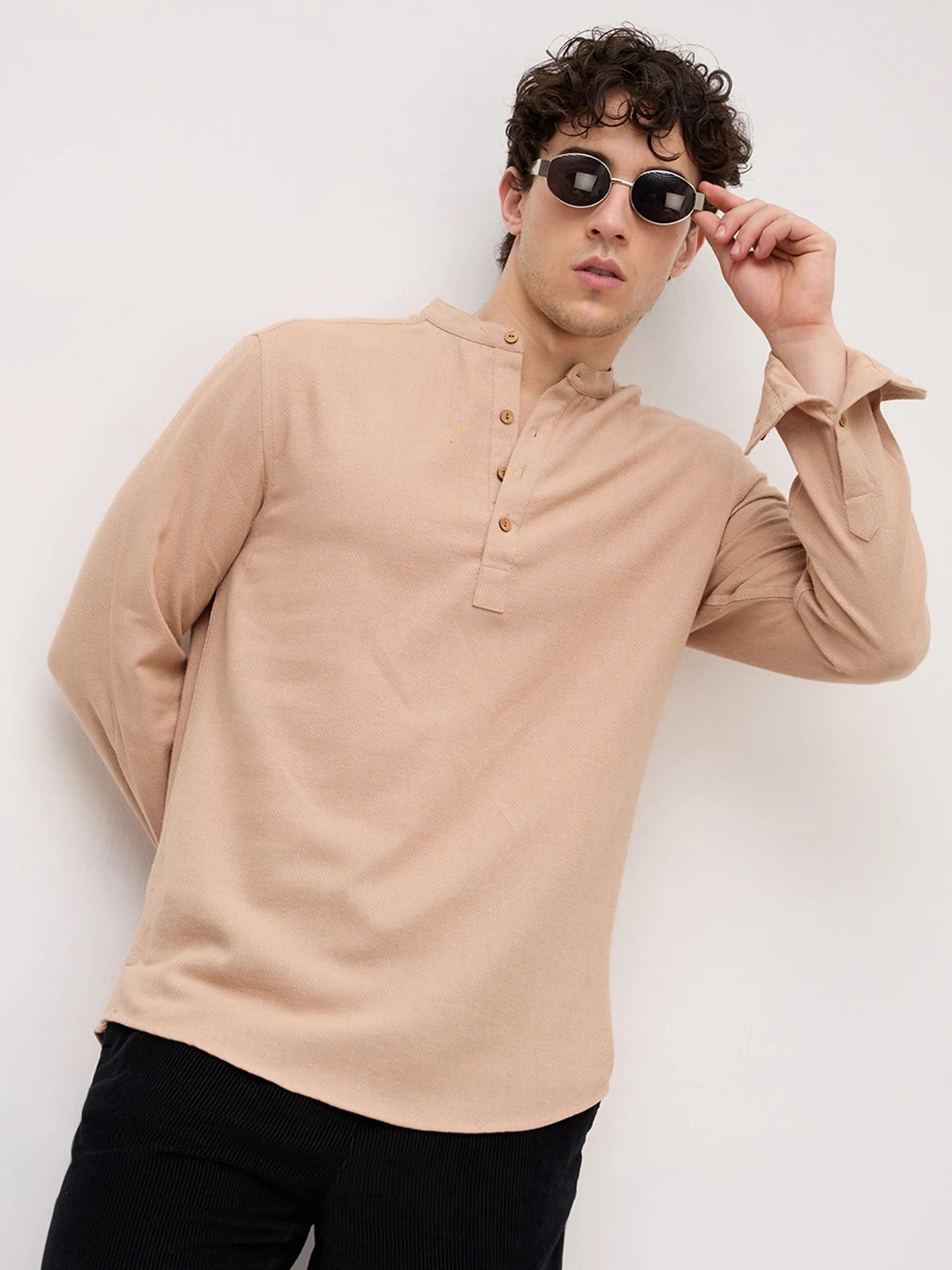 Beige Fine Geometrical Weave Textured Kurta
