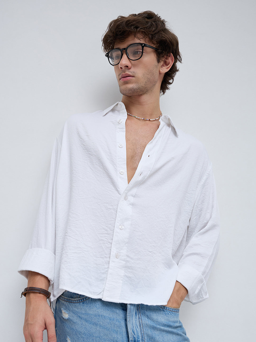 Soft Snow White Crinkled Boxy Fit Crop Shirt