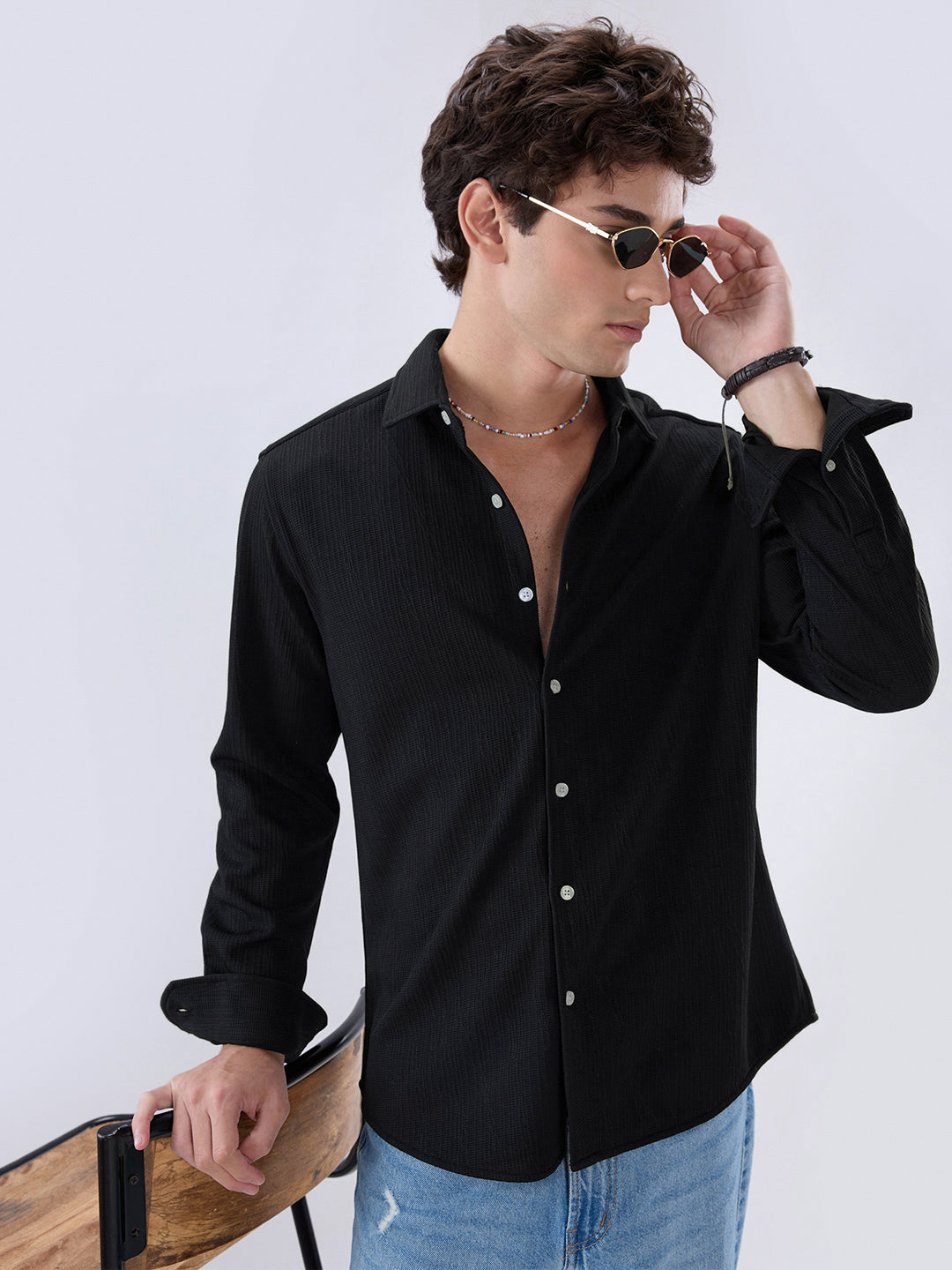 Jet Black Matrix Weave Knitted Shirt