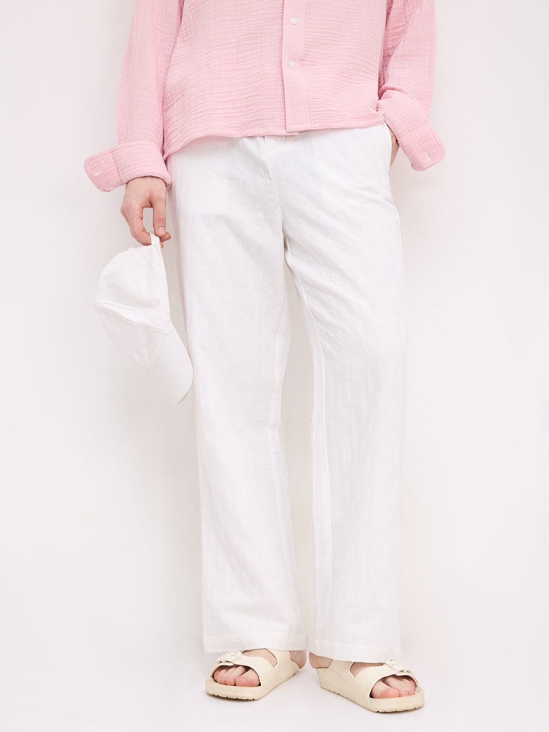 Distinctive Pearl White Architectural Weave Wide Leg Trousers