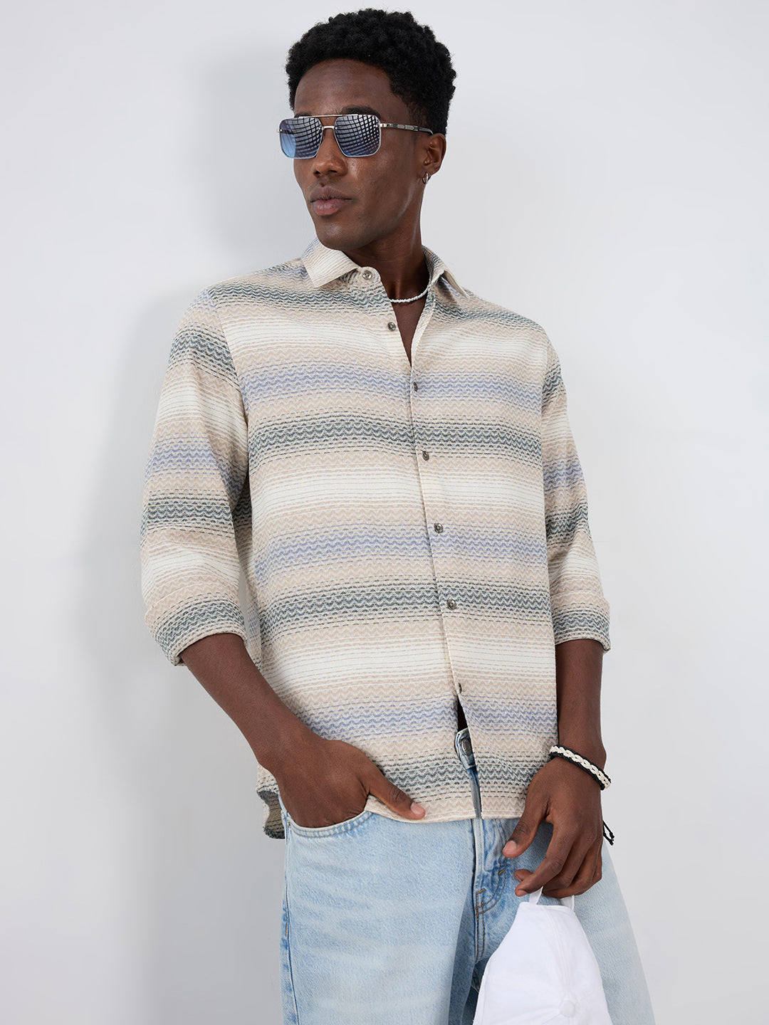 Natural Sand Beige Contrast Motif Striped Shirt
