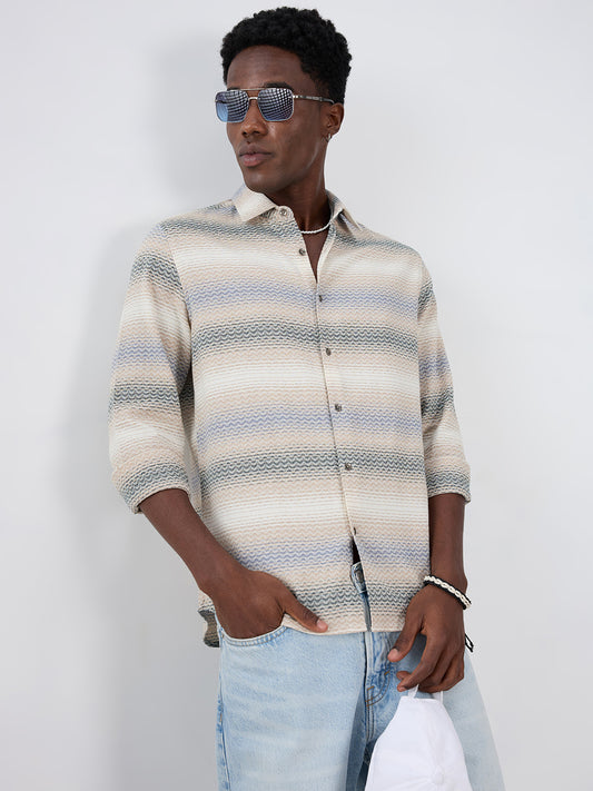 Natural Sand Beige Contrast Motif Striped Shirt