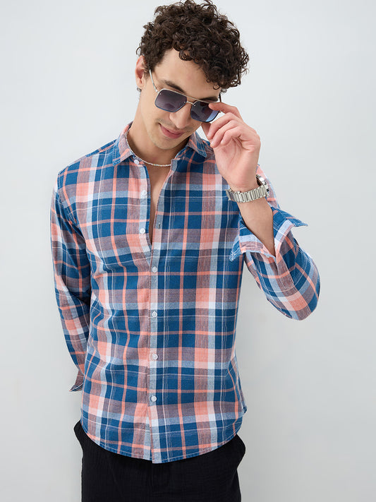 Denim Blue & Pink Multi Line Block Checks Shirt