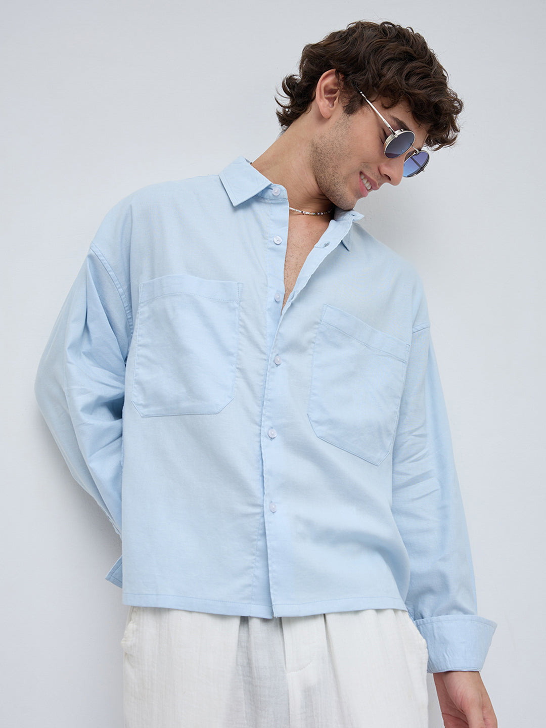 Light Blue Solid Double Pocket Boxy Fit Crop Shirt