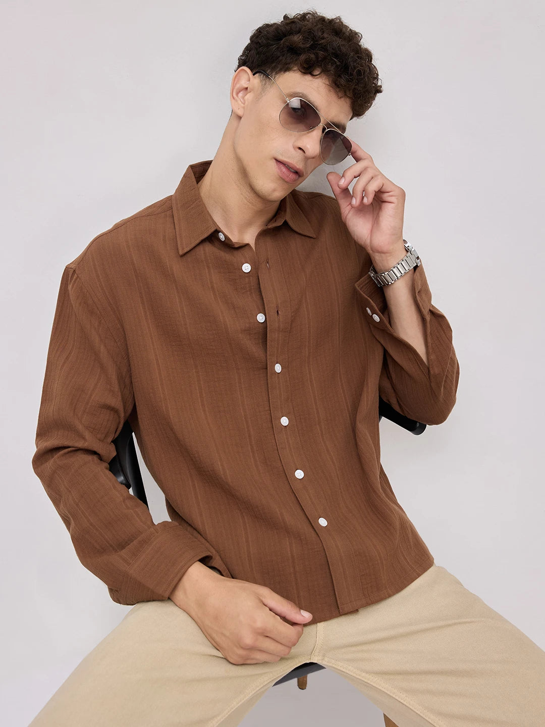 Cocoa Double Cloth Seersucker Striped Boxy Fit Crop Shirt