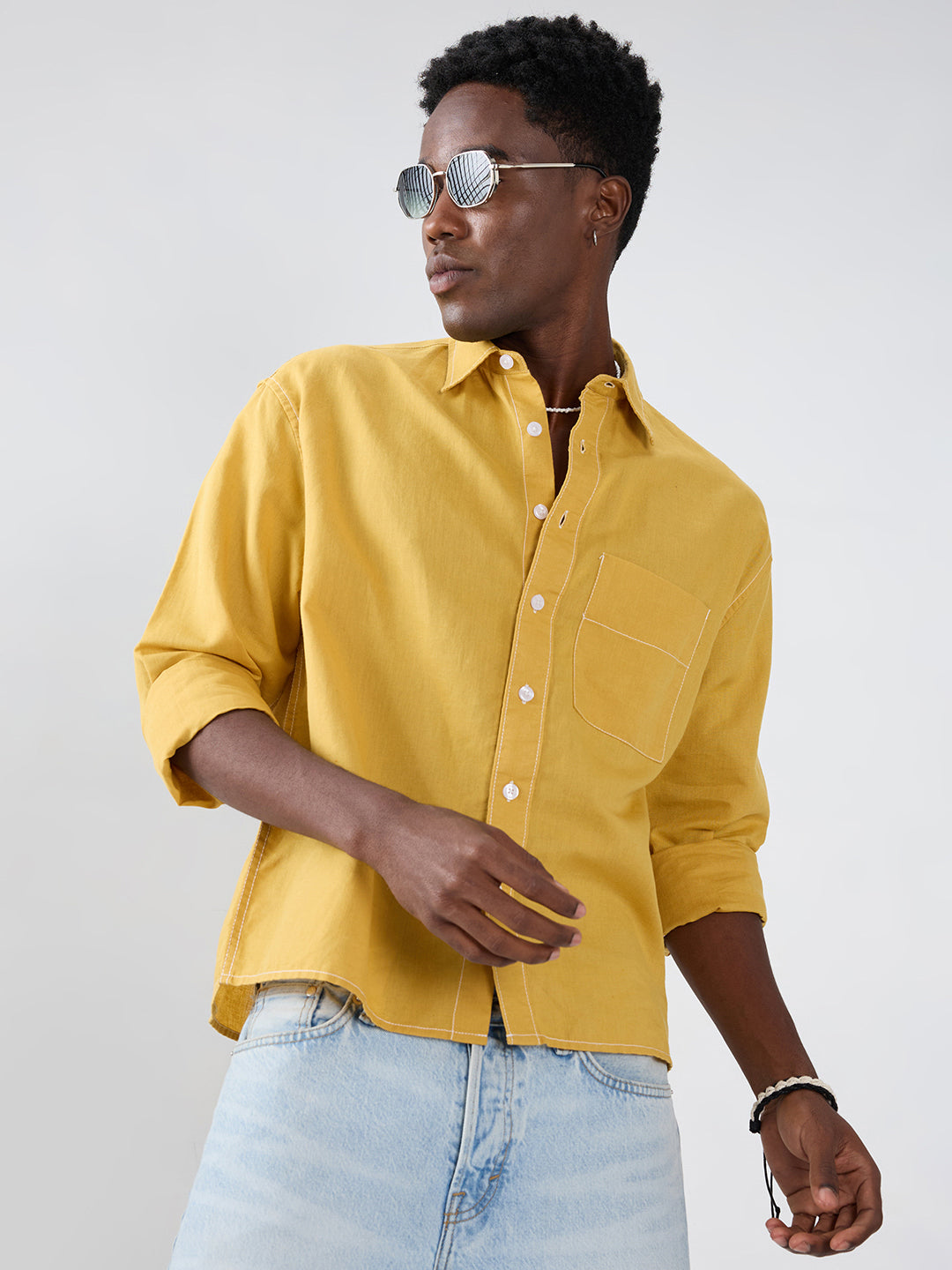Luxe Mustard Contrast Stitch Linen Blend Boxy Fit Crop Shirt