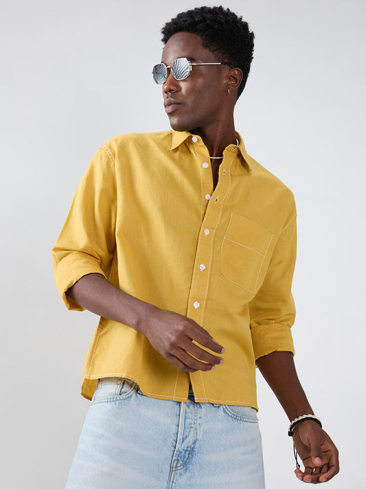 Luxe Mustard Contrast Stitch Linen Blend Boxy Fit Crop Shirt