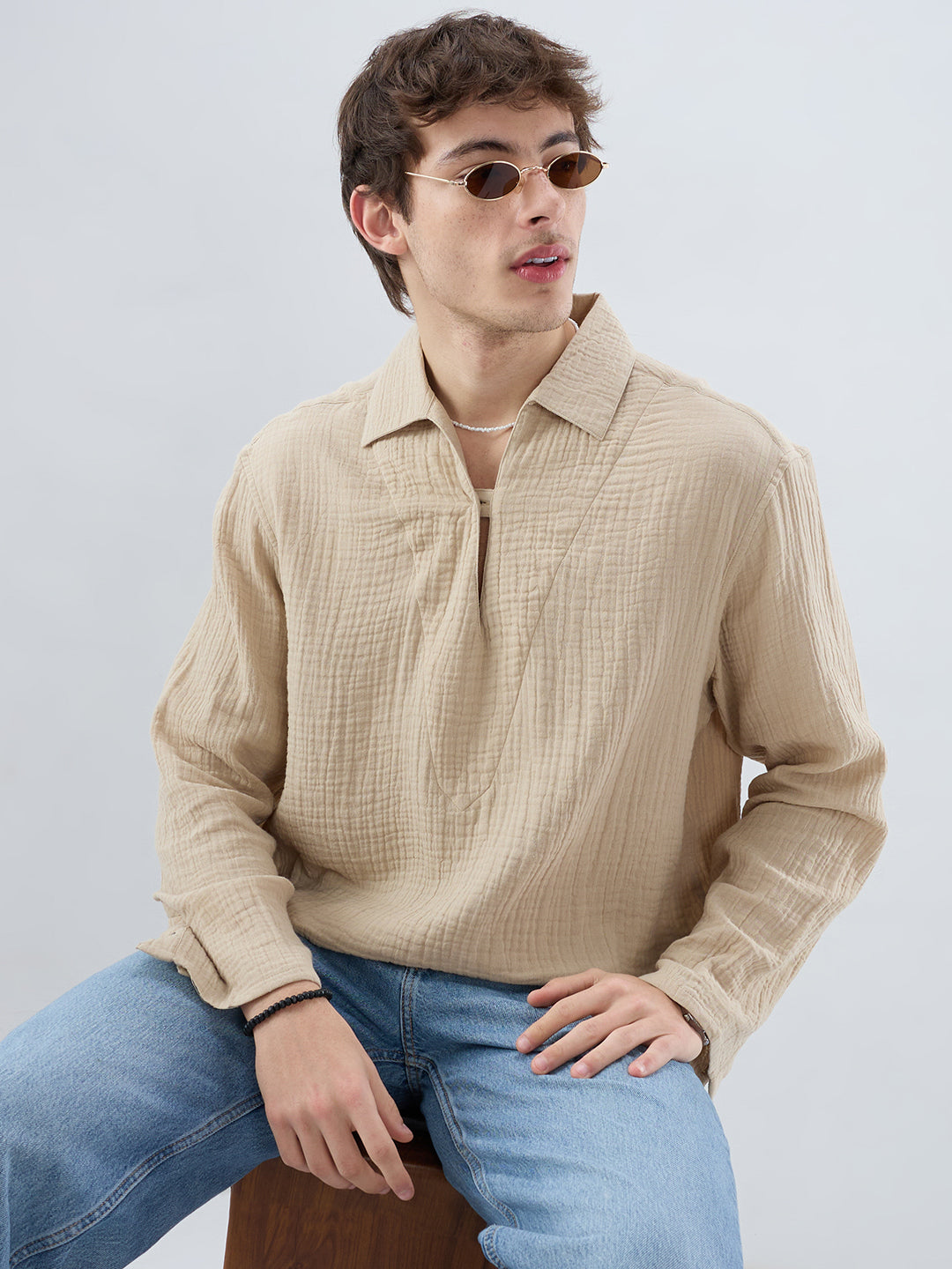 Latte Beige Double Cloth Cuffless Oversized Shirt