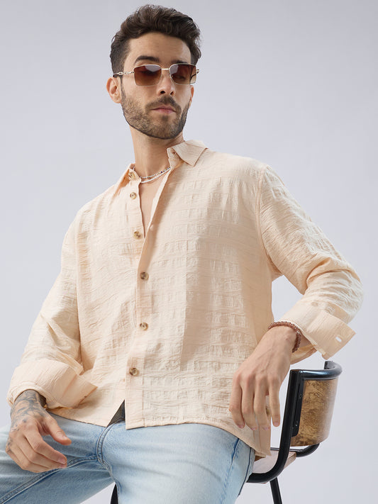 Soft Beige Striped Side-Slit Button Boxy Fit Crop Shirt