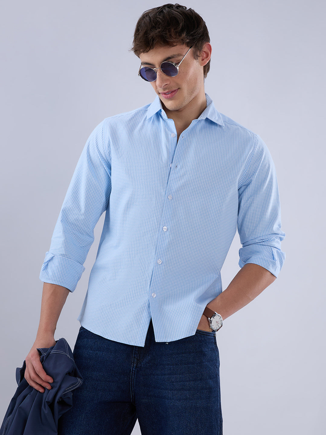 Sky Blue & White Tiny Checkered Oxford Shirt
