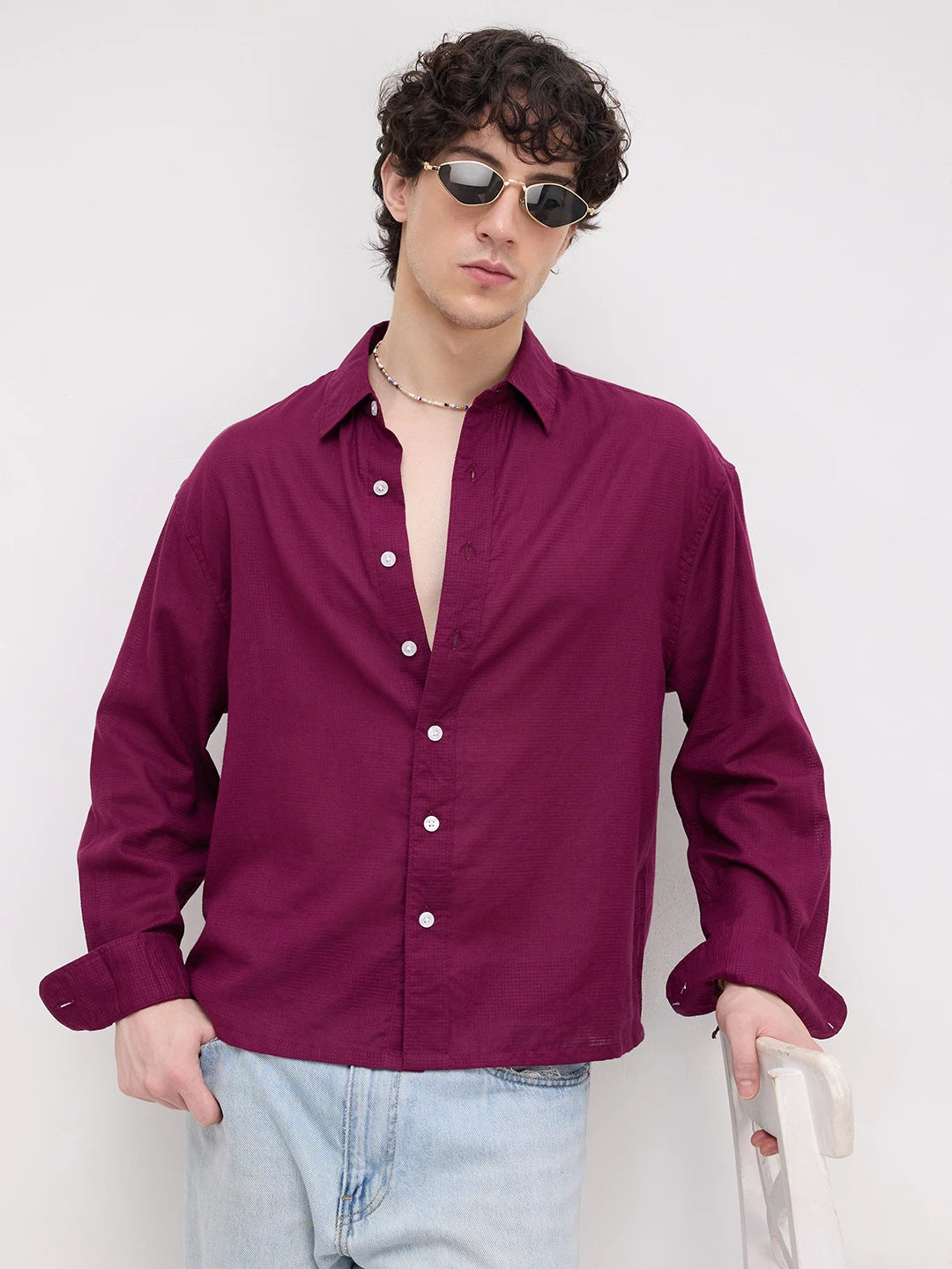 Luxe Maroon Micro Square Textured Boxy Fit Crop Shirt
