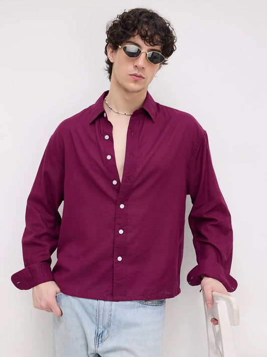 Luxe Maroon Micro Square Textured Boxy Fit Crop Shirt