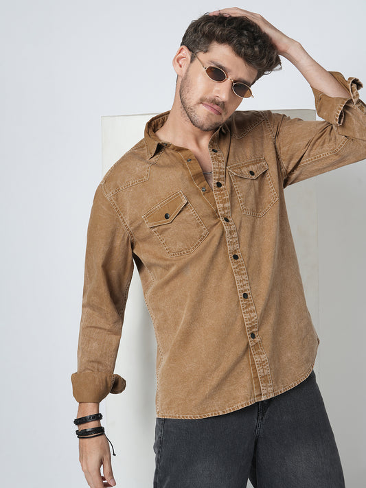 Rustic Bronze Acid Wash Double Pocket Shirt