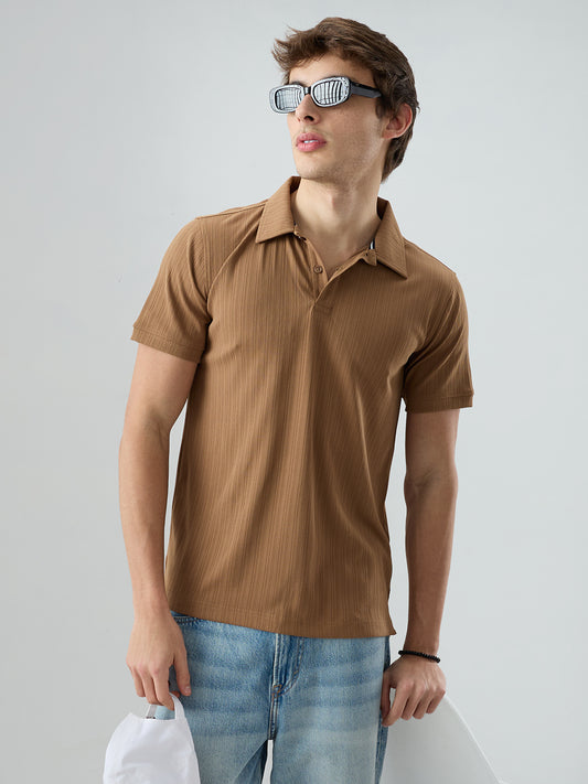 Refined Brown Hairline Striped Polo Knit T-Shirt